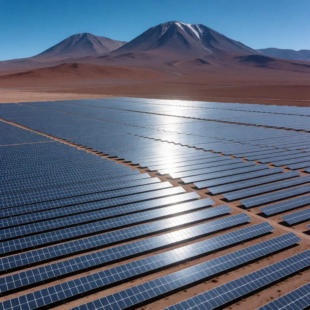 Parque solar fotovoltaico en la Puna jujeña con paneles alineados