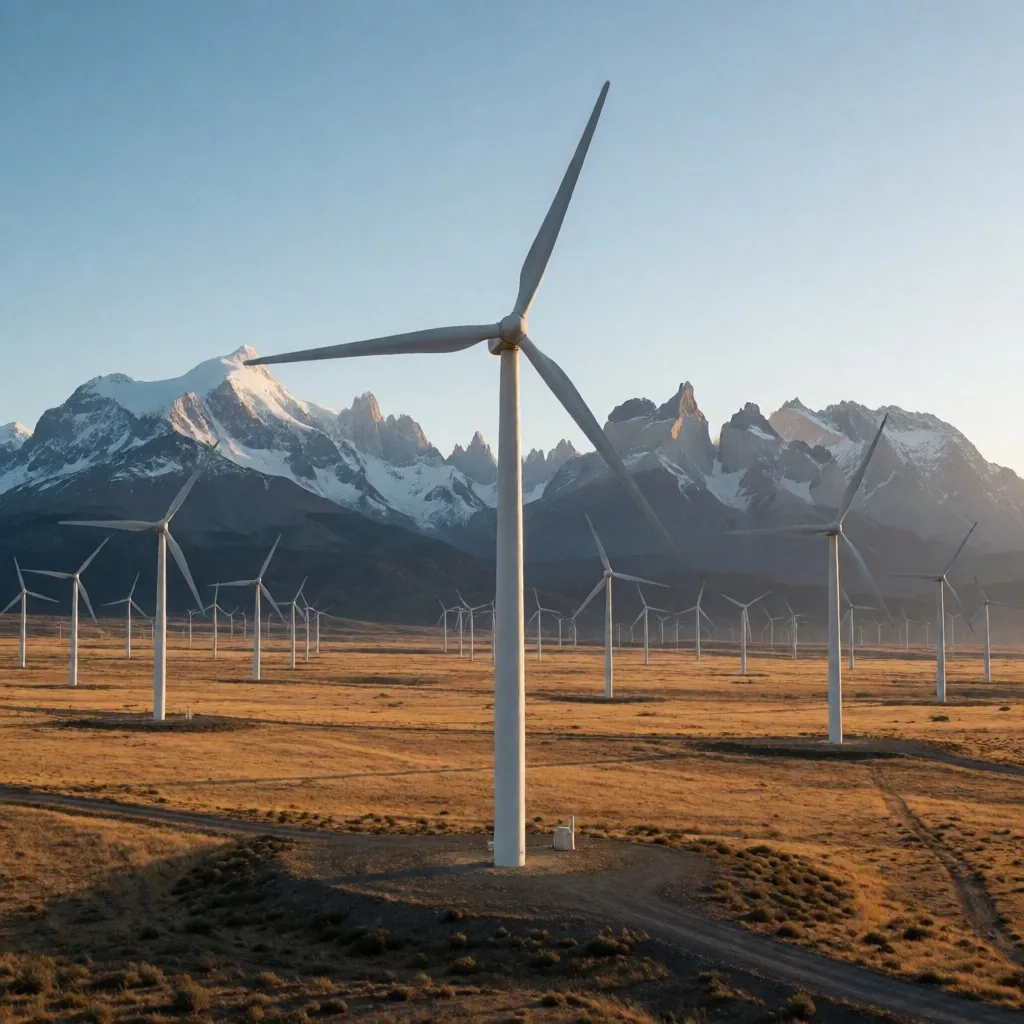 Parque eólico en la Patagonia argentina con aerogeneradores sobre el paisaje árido