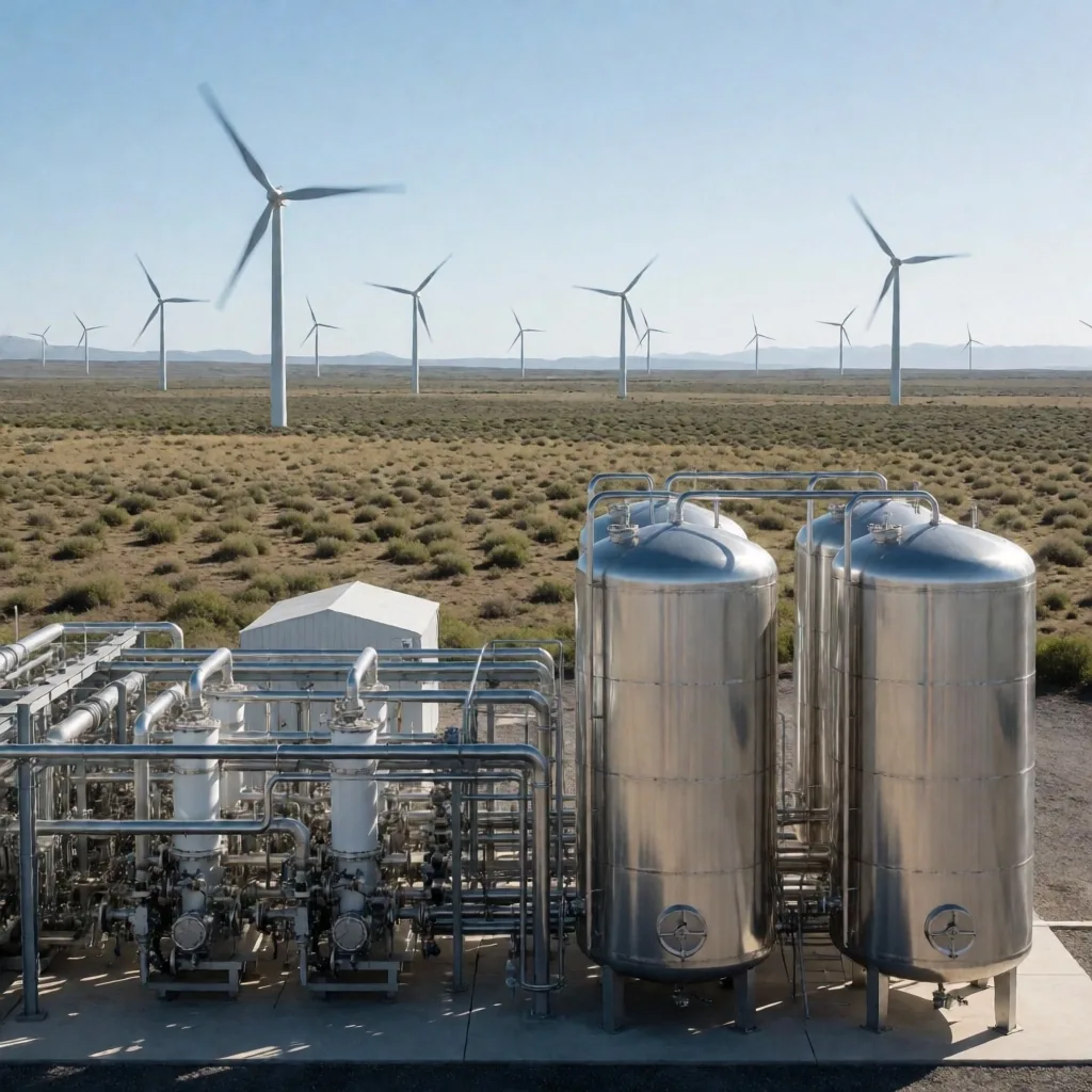Planta piloto de hidrógeno verde con electrólicos y aerogeneradores al fondo