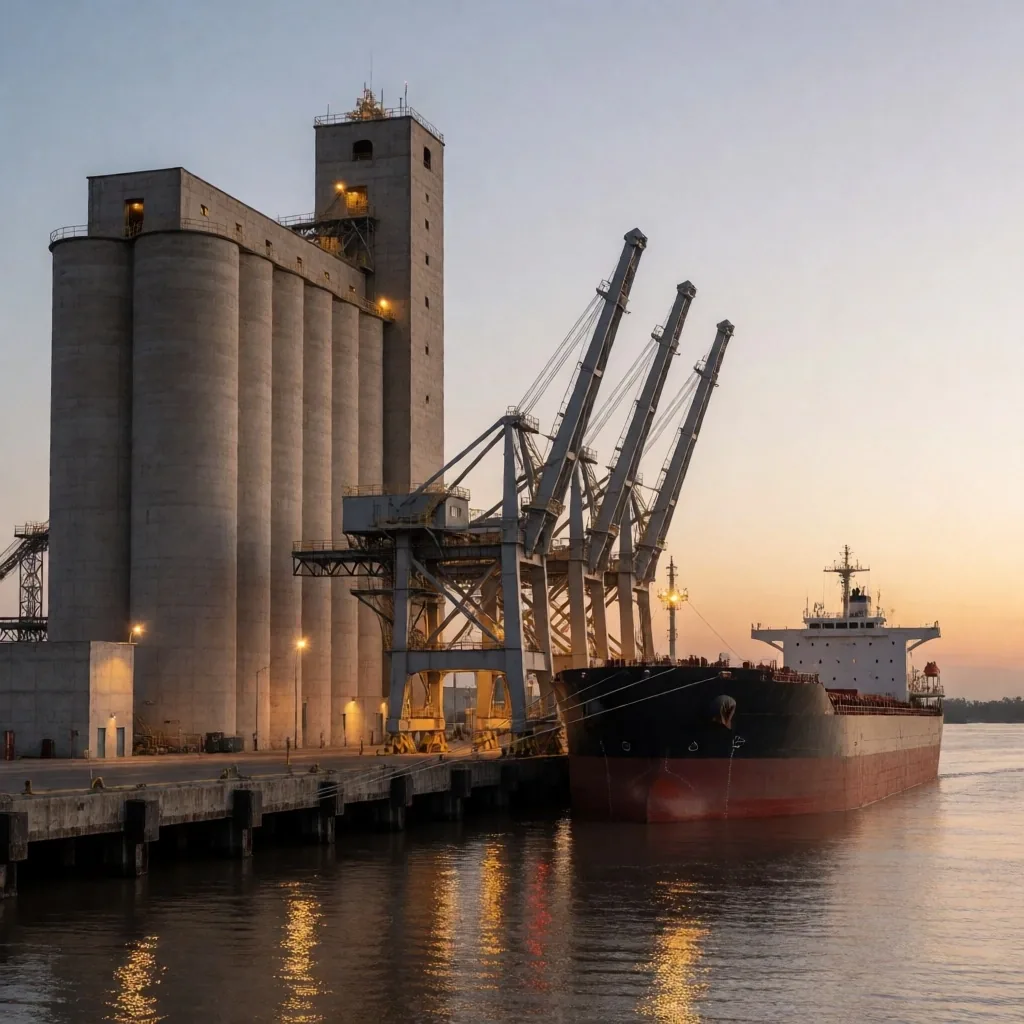 Complejo portuario y silos de granos en el nodo de Rosario