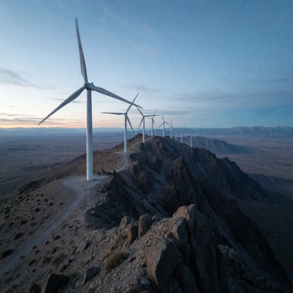 Turbinas eólicas en una cordillera patagónica al amanecer