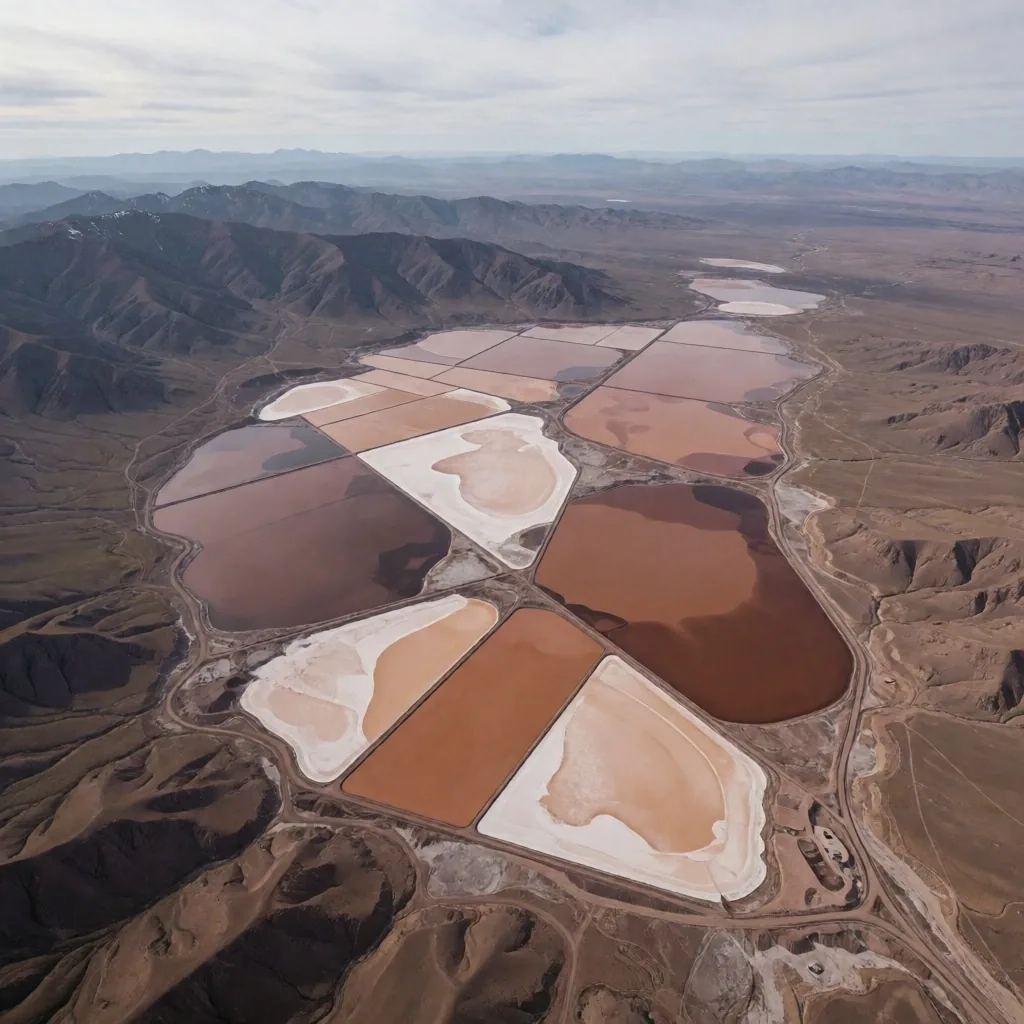 Vista aérea de salares y piletas de evaporación en el norte argentino